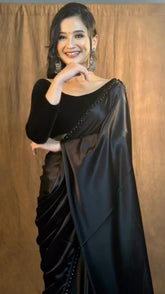 Black Womens Satin Collection Moti Saree With Blouse Piece