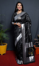 Black Kanjivaram Pure Soft Semi Silk Saree With Unstiched Attractive Blouse Piece