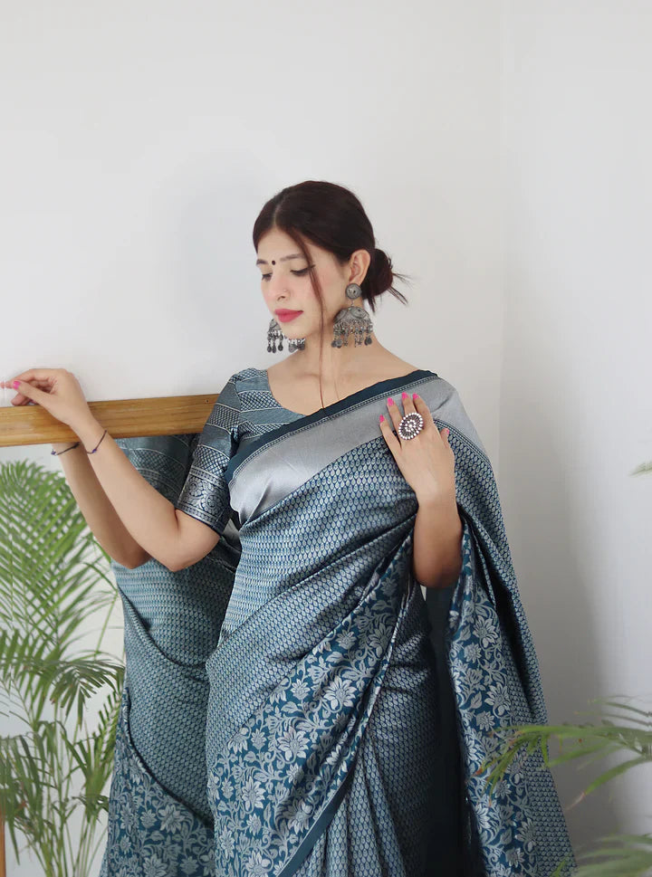 AQUA BLUE PURE SOFT SILK SAREE WITH TWIRLING BLOUSE PIECE