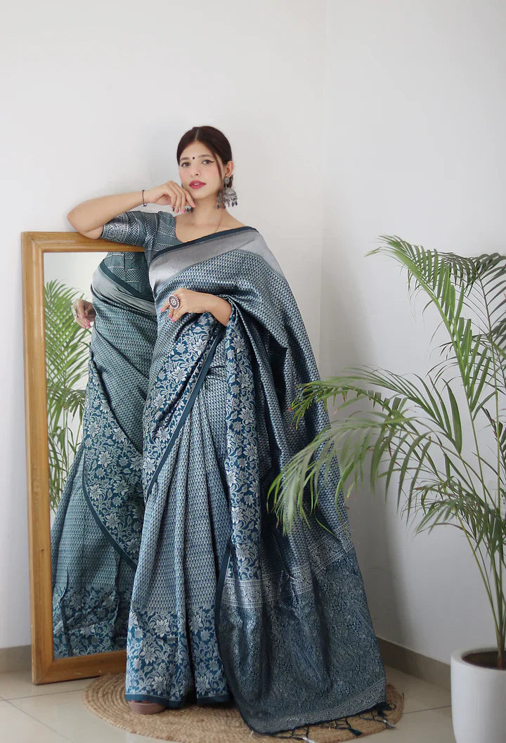AQUA BLUE PURE SOFT SILK SAREE WITH TWIRLING BLOUSE PIECE