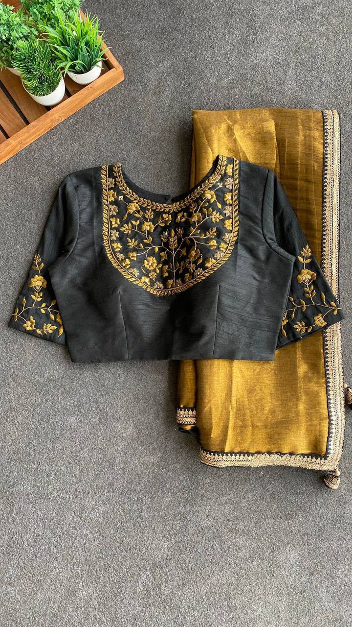 "Elegant Golden Tissue Saree with Lace Border & Embroidered Black Blouse – Festive & Party Wear"