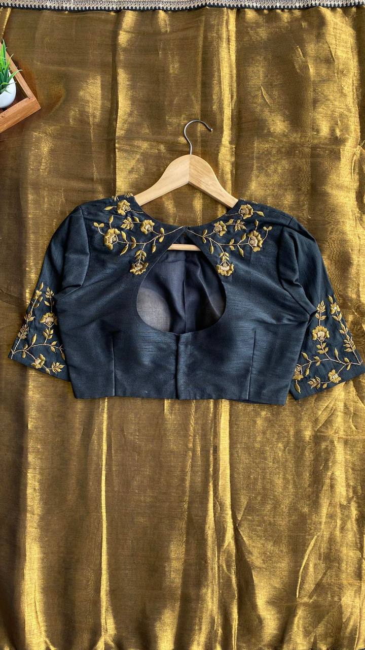 "Elegant Golden Tissue Saree with Lace Border & Embroidered Black Blouse – Festive & Party Wear"