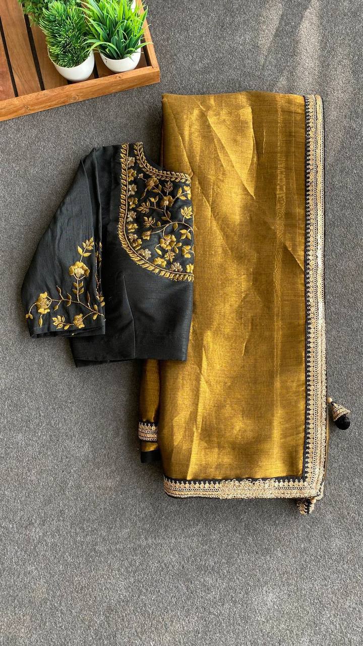 "Elegant Golden Tissue Saree with Lace Border & Embroidered Black Blouse – Festive & Party Wear"