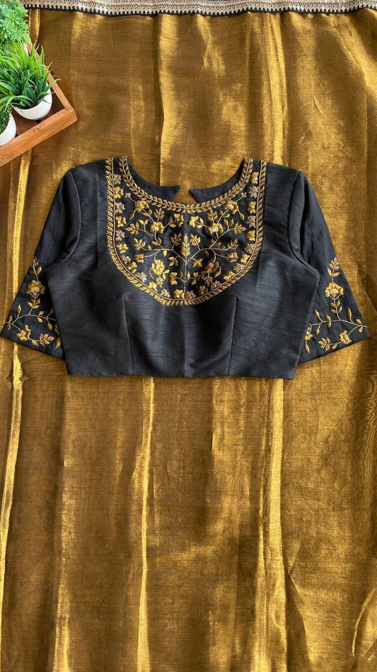 "Elegant Golden Tissue Saree with Lace Border & Embroidered Black Blouse – Festive & Party Wear"